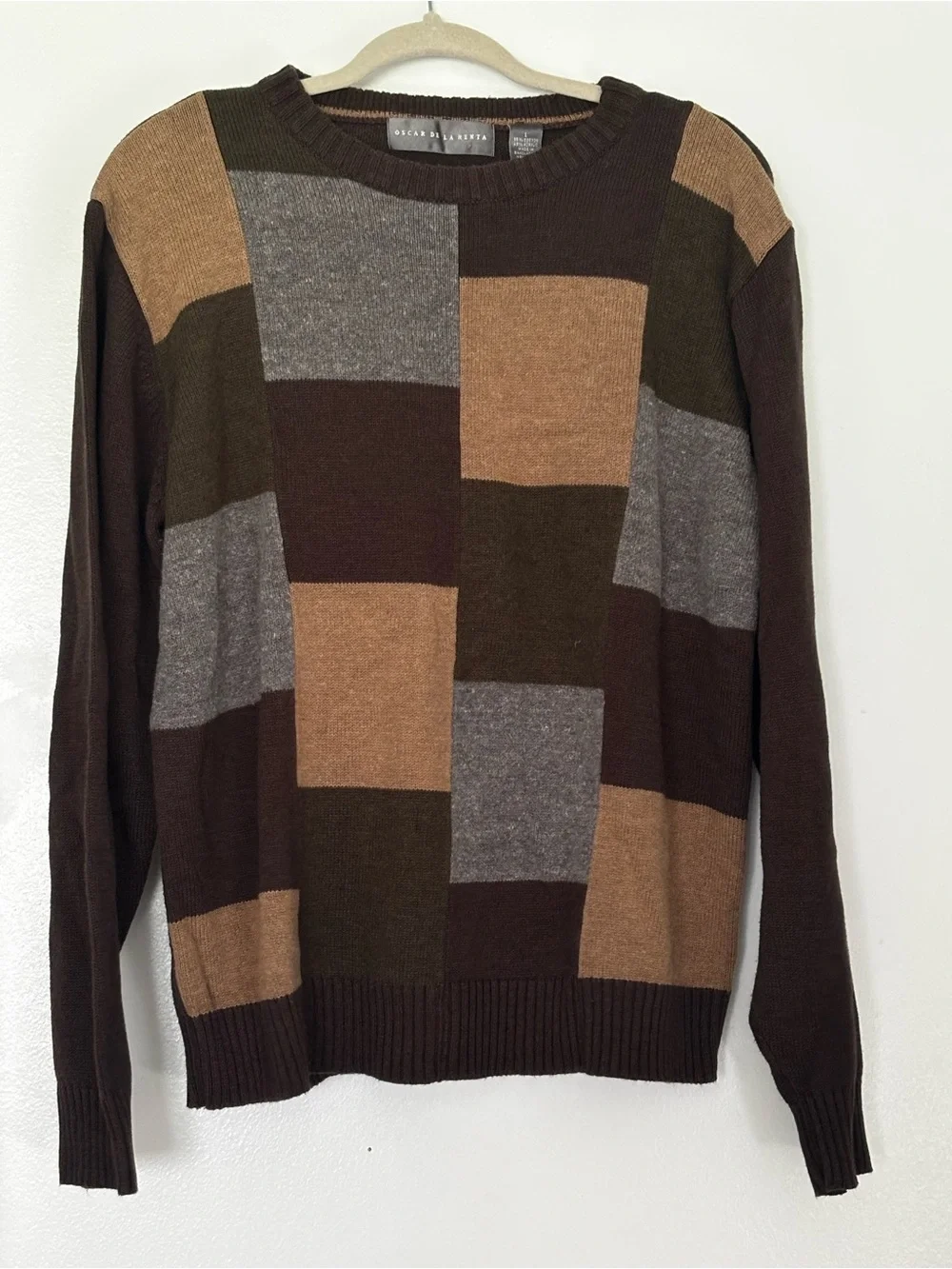 Oscar de la Renta Men’s Patchwork Crewneck Sweater - Brown/Gray/Tan